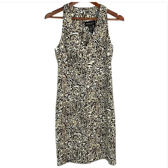 CONNECTED APPAREL Leaf Flower Print Sleeveless  Knee Length Dress Black Tan 6 - Picture 2 of 11